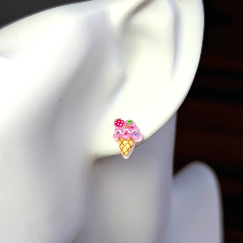 New 🩷 Strawberry Ice Cream Cone shiny acrylic handmade stud earrings